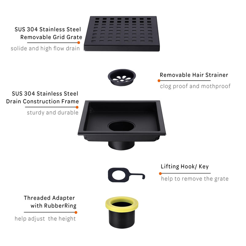 6 inch Stainless Steel Shower Floor Drain with Threaded Adapter, Removable Grid Cover, Black Matte Black