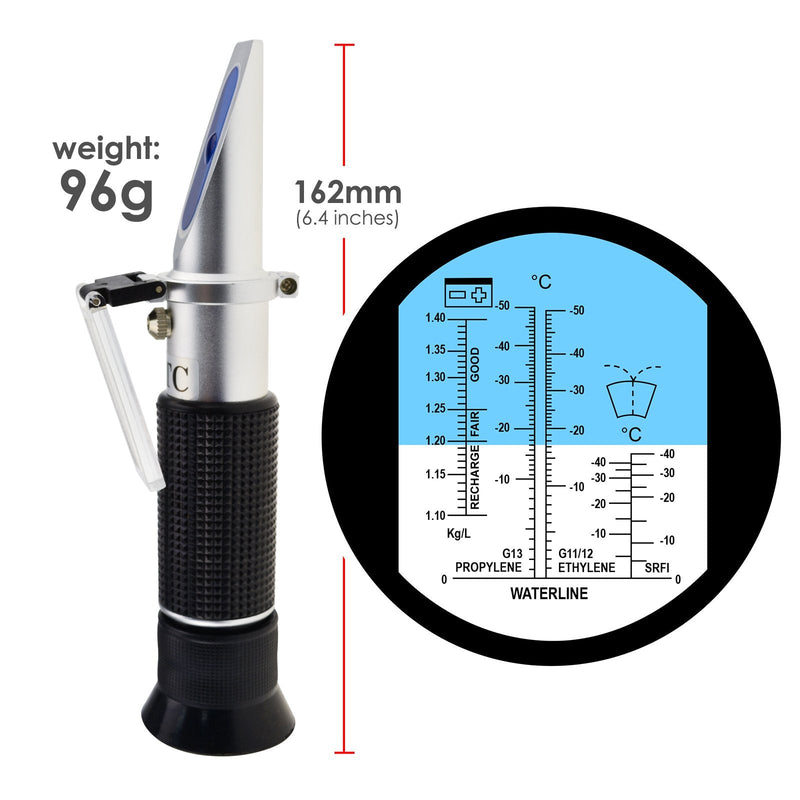 [Australia - AusPower] - 5-in-1 Automotive Battery Antifreeze Refractometer ATC for Specific Gravity, Ethylene Propylene Glycol System & Windshield Screenwash Fluid, Freezing Point Measurement Tester Meter Coolant Condition 