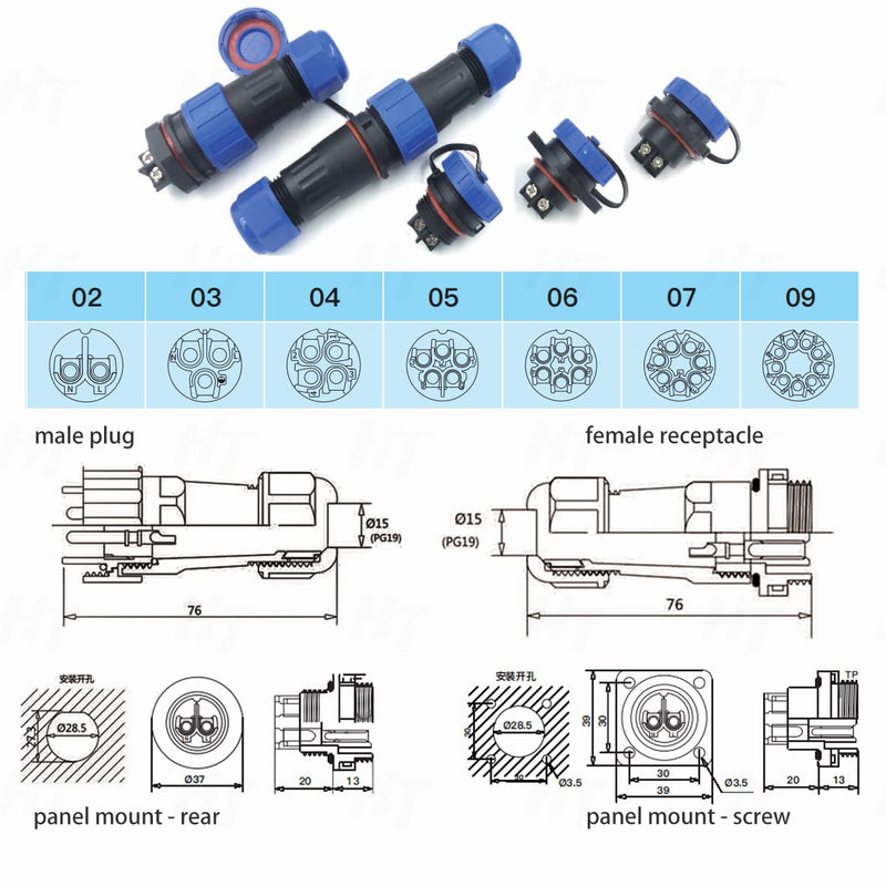 [Australia - AusPower] - TY28 7 Pin 25A Circular Waterproof Connector Screw Crimp Solder-Free Male Female Cable Plug Socket Quick-Disconnect for Outdoor Marine Power Device Panel Mount 