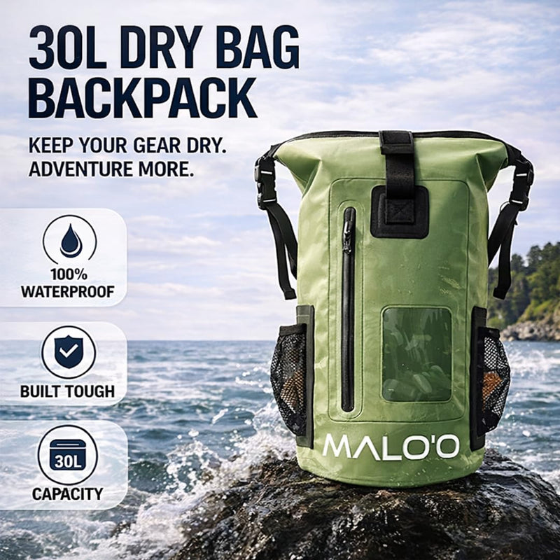 Malo’o 30L Waterproof Dry Bag Backpack – Roll Top Heavy Duty 500D PVC Dry Pack with Padded Straps, IPX6 Waterproof, Keeps Gear Dry for Kayaking, Fishing, Beach, Camping & Travel Dark Blue 30l Dry Backpack