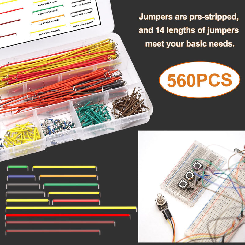 [Australia - AusPower] - 560Pcs Jumper Wire Kit Solderless Flexible Breadboard 14 Lengths Assorted Preformed Breadboard with 65Pcs Breadboard Jumper Wires, Tweezers & Plastic Box 560 PCS 