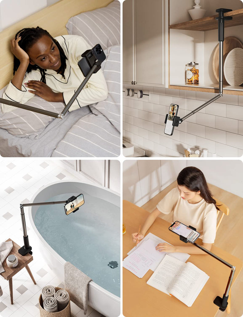 [Australia - AusPower] - Viozon Phone Holder, Flexible Long Arm,Overhead Mount,360° Angle Adjustable,Aluminum Alloy, C Clamp for Headboard Bedside&Table&Desk,Compatible with 3.5"-6.9" Phone,iPhone 16 15Plus / Pro Max Black 