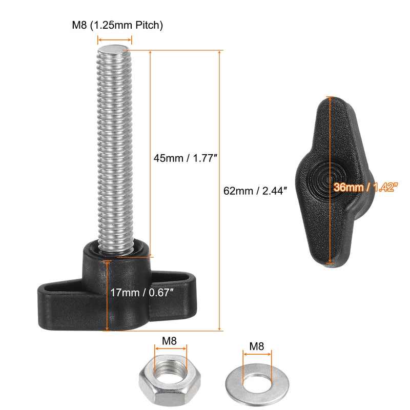 [Australia - AusPower] - HARFINGTON 8pcs Tee Wing Knobs M8 x 45mm Metric 304 Stainless Steel Threaded Stud 36mm Z/T Head Plastic Handles Thumb Screws Hand Clamping Knob Grip Thumbscrew with Nuts Washers, Black 