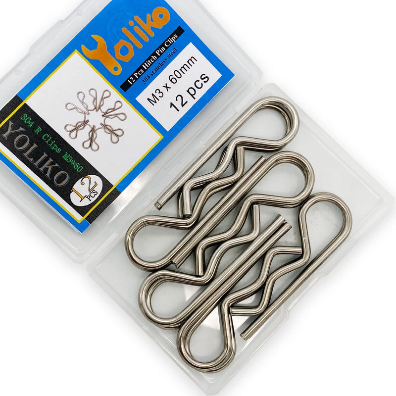 [Australia - AusPower] - 12 Pcs Heavy Duty Stainless Steel Cotter Pin R Clip Large Spring Retaining Wire Hair Pins Hitch Pin Clips Large Carter Pins for Trailer Pin Clips Lock System M3x60 Keeper Pins SUS304 M3x60mm-12pcs 12 