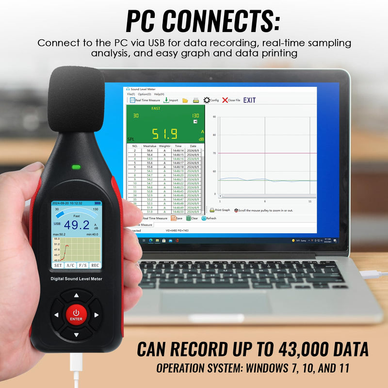 [Australia - AusPower] - Decibel Meter, Digital Sound Level Meter with Data Logging, 3-Color Alarm, A/C Weighted, HD Screen, 30-130dB Range, Rechargeable SPL Meter for Home, Classroom, Office, Factory 