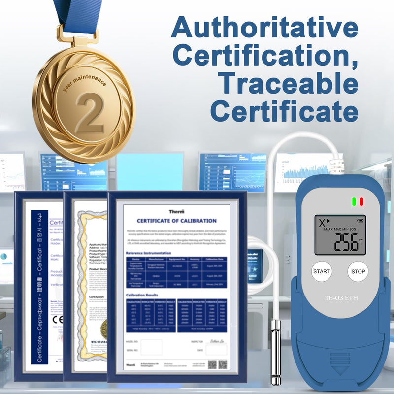 ThermElc TE-03 ETH External Data Logger Temperature Humidity with External Probe, MKT Calculation, 32,000 Points, Automatic PDF/CSV Creation, Reusable USB Recorder for Laboratories TE-03 ETH 1PCS