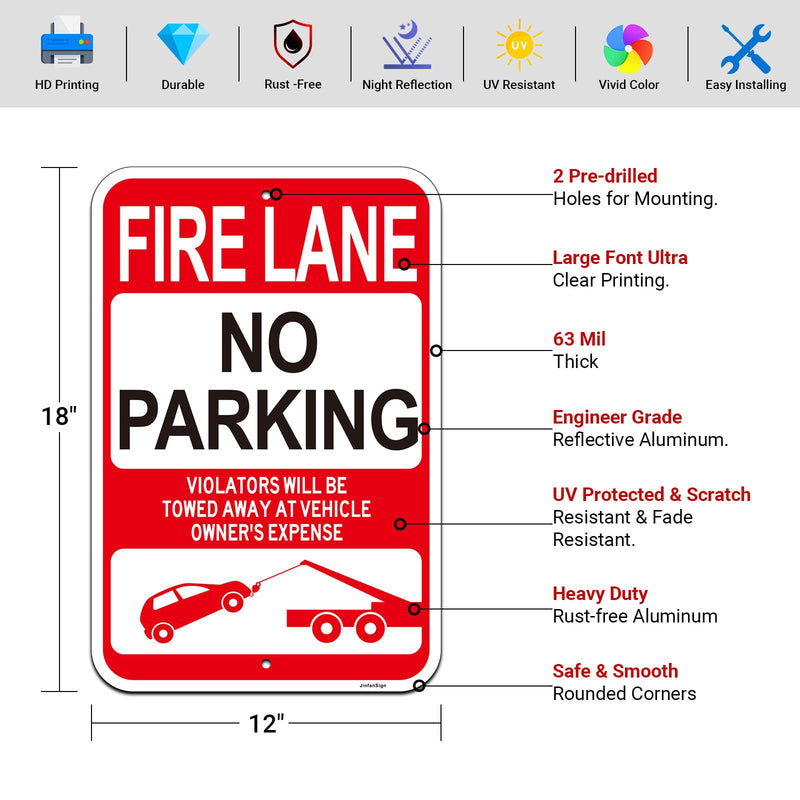 (2 Pack) Large Fire Lane No Parking Signs, 18"x12" Violators Will Be Towed Away Sign, Engineer Grade Rust Free Reflective Aluminum, Fade/Weather Resistant, UV Protected, Easy to Install