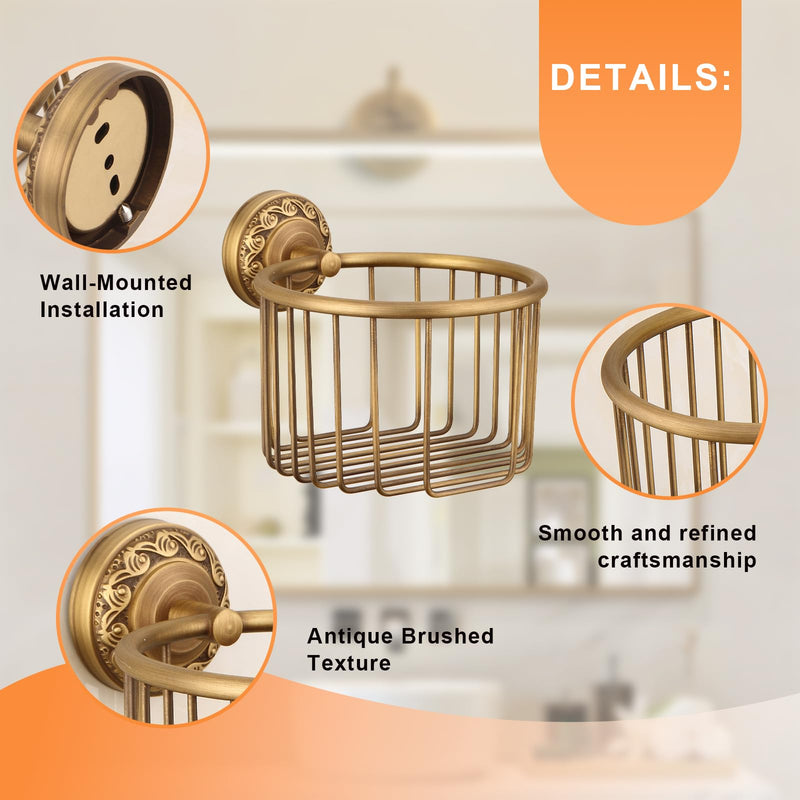 Vintage Wall-Mounted Toilet Paper Holder with Wire Basket Design, Antique Brass, Wall-Mounted Bath Hand Towel Holder with Braiding Carvings, Vintage Style. Gold Carved Hanging Basket