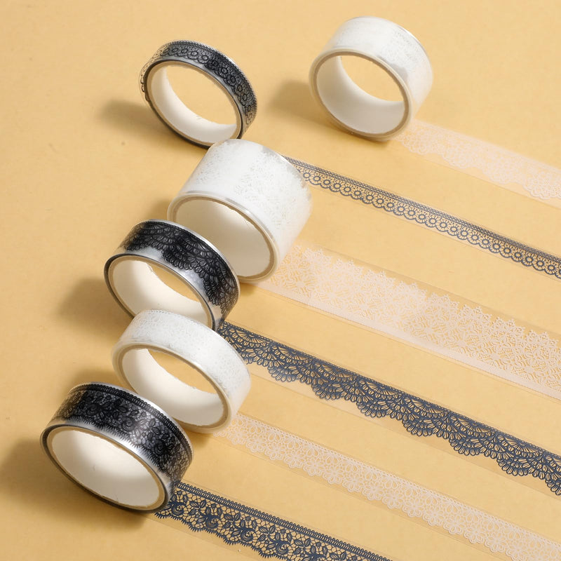 6 Rolls Floral Arts Decorative Tape, Lace Patterns PET Tapes, Washi Tape Set, Adhesive Transparent Masking Tapes for DIY Craft, Scrapbook, DIY, Gift Wrapping, Journal (Black, White)