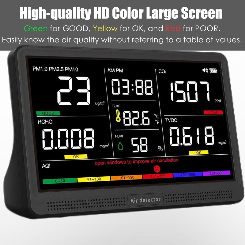[Australia - AusPower] - Professional Indoor Air Quality Monitor with 7X AQI Beep Alarms,16 in 1 Portable Real-Time Detector for PM2.5 | PM10 | CO2 | TVOC | HCHO | Temp | Hum for Home Cars Plants Pets (Dark Black) Dark black 