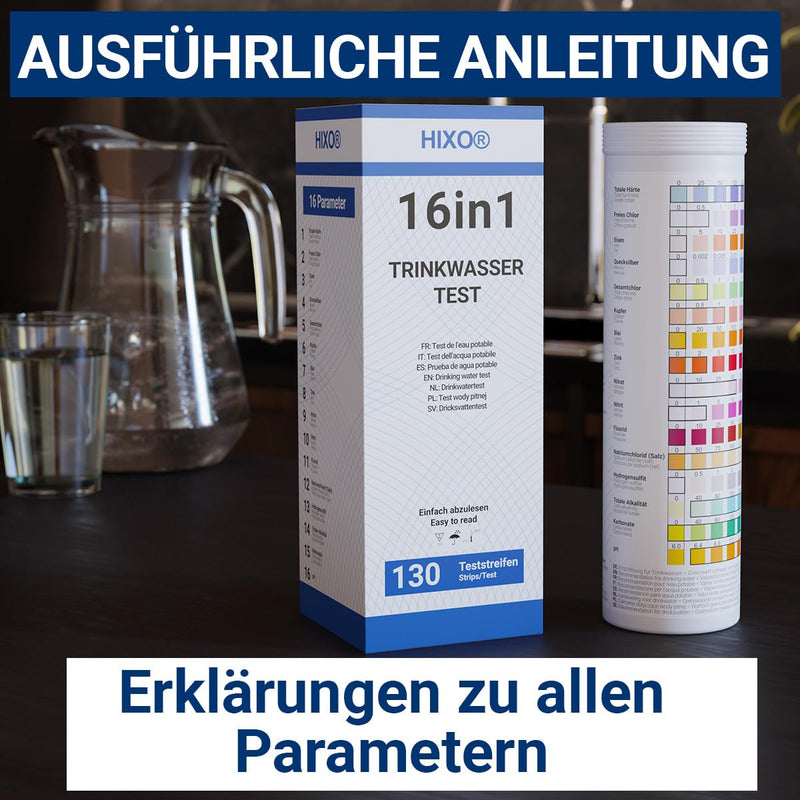 [Australia - AusPower] - 130 x 16-in-1 drinking water test strips in tube, water analysis for 16 parameters, ideal water test strips for drinking water, pool, spa and aquarium, tests water hardness, lead, copper, iron and 