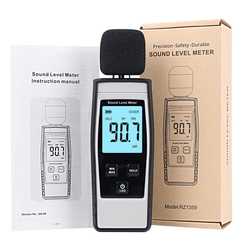 [Australia - AusPower] - Decibel Meter, Portable SPL Meter (Sound Pressure Level Meter), Digital Noise Meter, Range 30-130 dB(A) db Meter, Noise Volume Sound Monitoring Tester (Battery Included) Gray 