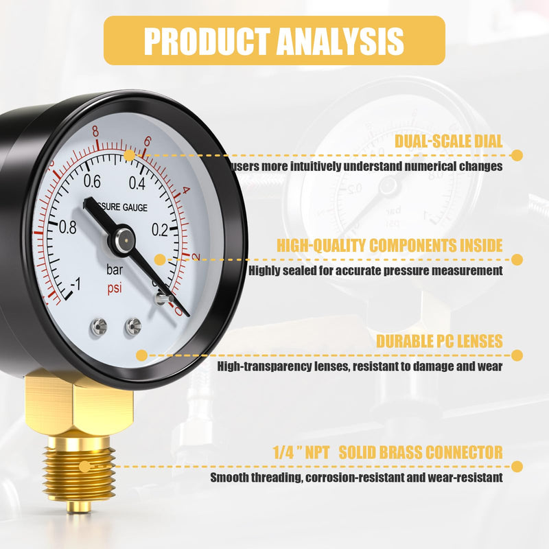1 x 50 mm vacuum gauge BSP 1/4 inch -1~0 bar -14~0 psi with 2 pieces socket 1/4 inch to 3/8 inch, 1/4 inch to 1/2 inch and 1 piece hex nipple to reduce from 1/4 inch to 1/8 inch, a Teflon tape, radial 50MM, -1 bar(-14 psi)