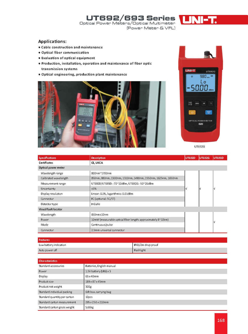 [Australia - AusPower] - UNI-T UT692D Fiber Optic Tool Optical Power Meter Visual Fault Locator -70-10dBm -50-26dBm 10mW FC/SC/ST Connector -70-+10 dBm 