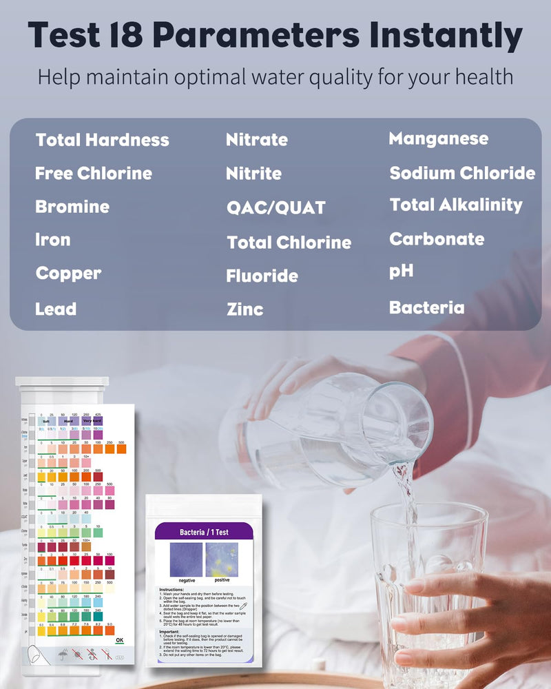 Pawfly 18 in 1 Drinking Water Test Kit, 125 Strips for Tap Water Well Swimming Pool Aquarium Spa, Home Water Quality Test Strips for pH Hardness Chlorine Lead Iron Copper Nitrate Fluoride & More 18 in 1 Water Test Kit