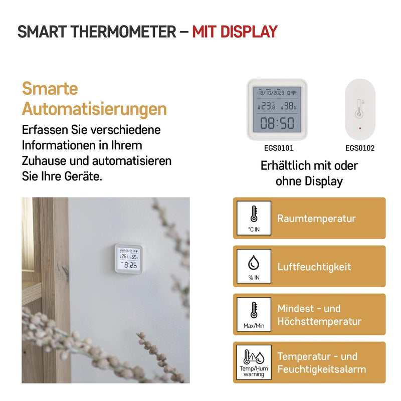 [Australia - AusPower] - EMOS GoSmart - Smart Home Thermometer with App - Zigbee - Indoor Temperature Range -10 °C to +60 °C - LED Display - WiFi Clock - Switchable - Includes Battery - Google Home, Alexa Compatible - White With display 
