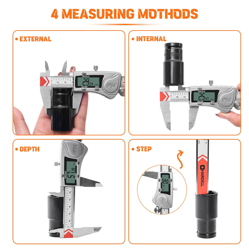 [Australia - AusPower] - HARDELL Digital Caliper, IP54 Waterproof Caliper Measuring Tool with 3-Batteries & Extra Cover, All Stainlee Steel Vernier Caliper Digital Micrometer, Inch/MM/Fraction for DIY/Household/3D-printing 