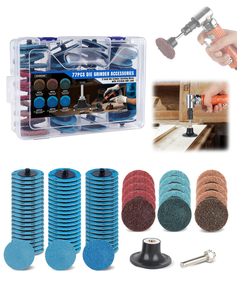 77 PCS 2 Inch Zirconia Sanding Discs, 1/4 Inch Roll Lock Quick Change Disc Accessories for Milwaukee M12 and Dewalt Die Grinders, Surface Conditioning for Paint, Rust Removal and Metal Deburring 77 PCS