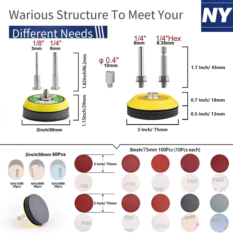 [Australia - AusPower] - NYXCL 170Pack 3/2inch Sanding Discs Kit with 2 & 3" Backer Pads, Sanding Sponge for Drill Sanding Attachment Die Grinder Rotary Tools with 1/8" 1/4" Shanks Sanding Pads P80-3000 