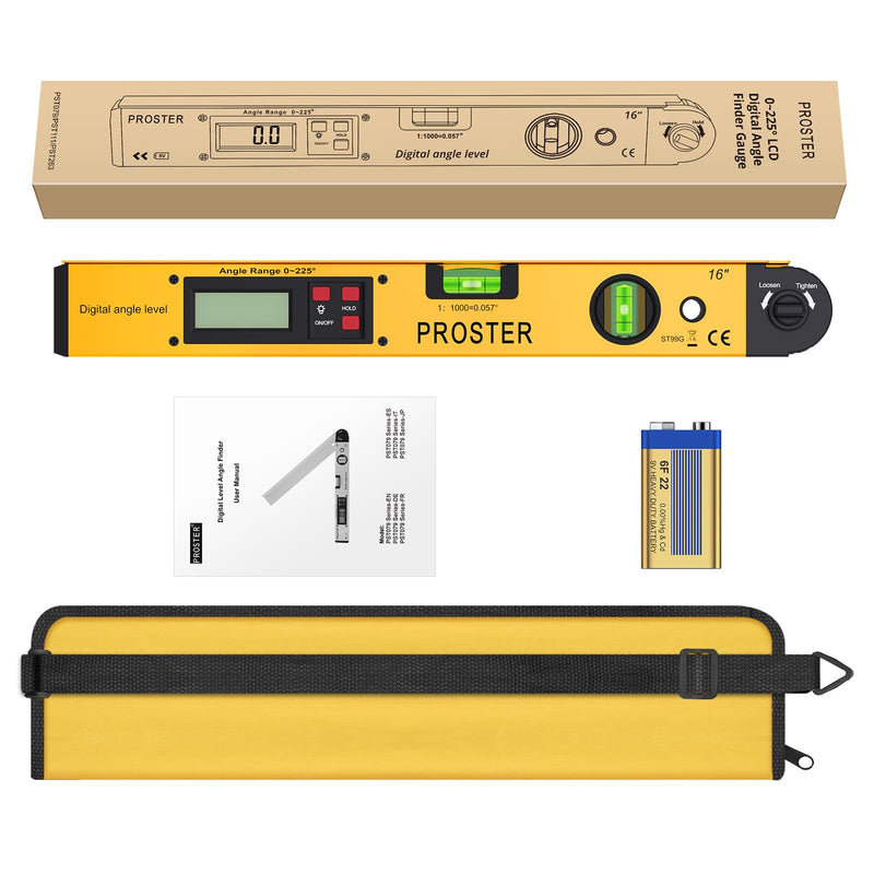 Proster Digital Angle Finder Gauge - Aluminum Angle Finder 16 inch 400mm with LCD Vertical Horizontal Spirit Level and Magnetic Base for Woodworker Yellow