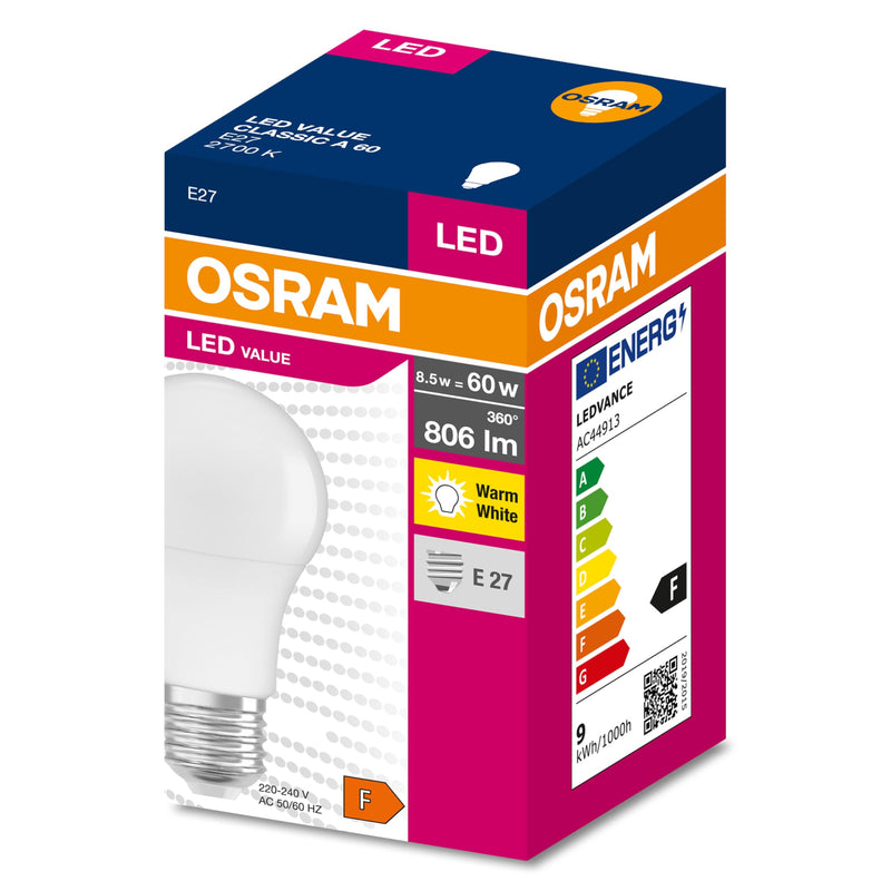 Osram LED Action Lamp with E27 Socket, Warm White (2700 K), 8.50 W, Replacement for 60 W Bulb, Matte Value Classic A, Pack of 10, [Unit Count] 1 piece (pack of 1) 60W replacement Matt-Half