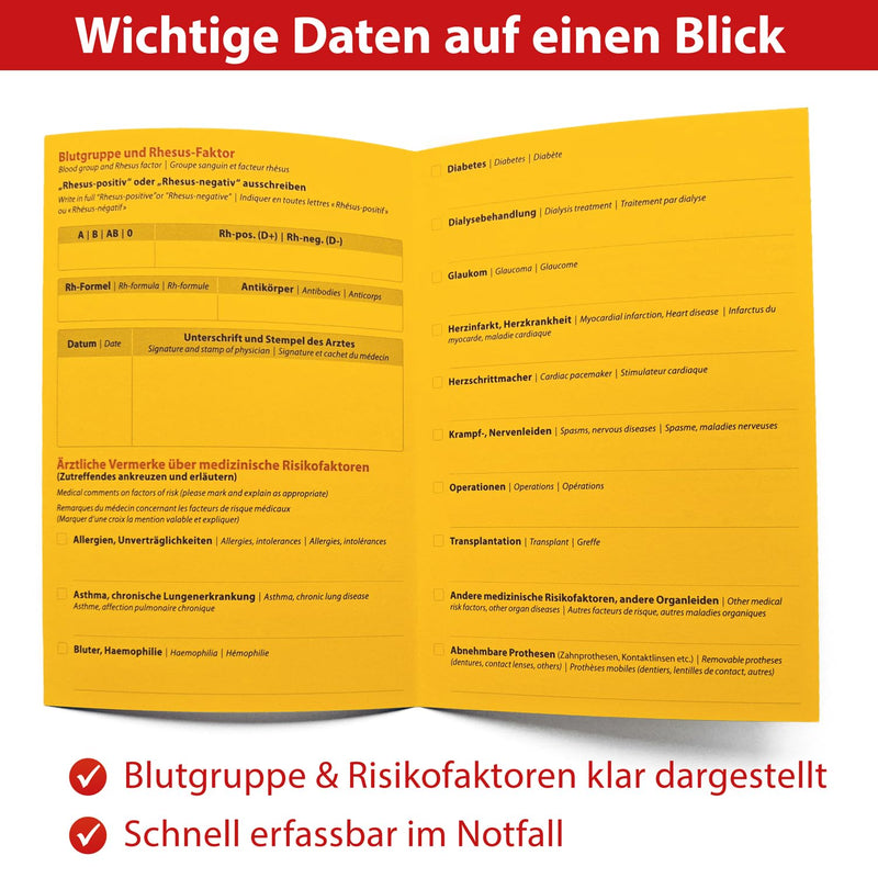 OHM® Emergency ID with Protective Case - Medical Alert Passport | European version German and English, sturdy paper, passport size, vital health data such as emergency contact