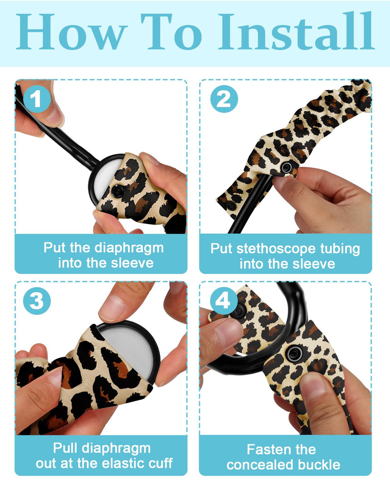 [Australia - AusPower] - Plifal Elastic Stethoscope Cover Sleeve for Nurse Doctors Cuff Accessories - Leopard Print Pleated Design, Fits Most Dual-head Removable & Single-head Stethoscopes, Comes with Diaphragms and Earplugs brown 