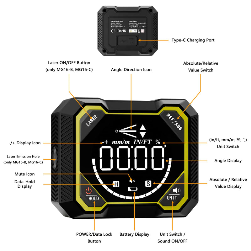 Digital Angle Finder with Laser, Magnetic Inclinometer, USB Rechargeable | 4x90° angle measurement with backlit LCD, auto-rotating display and magnetic base for woodworking, construction and DIY.