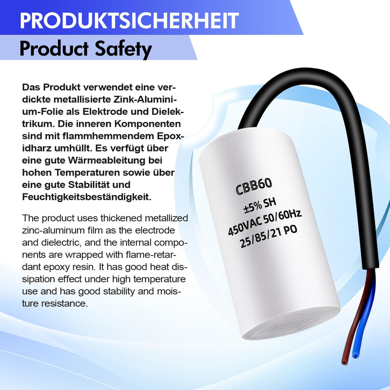 CBB60 450V 8uF 50/60HZ Starting Capacitor with Cable (Extended Version), 8µF AC Motor Operating Capacitor, AC Motor Capacitor, for Household Appliances such as Electric Motors and Air Conditioners etc 8.0 Mikrofarad