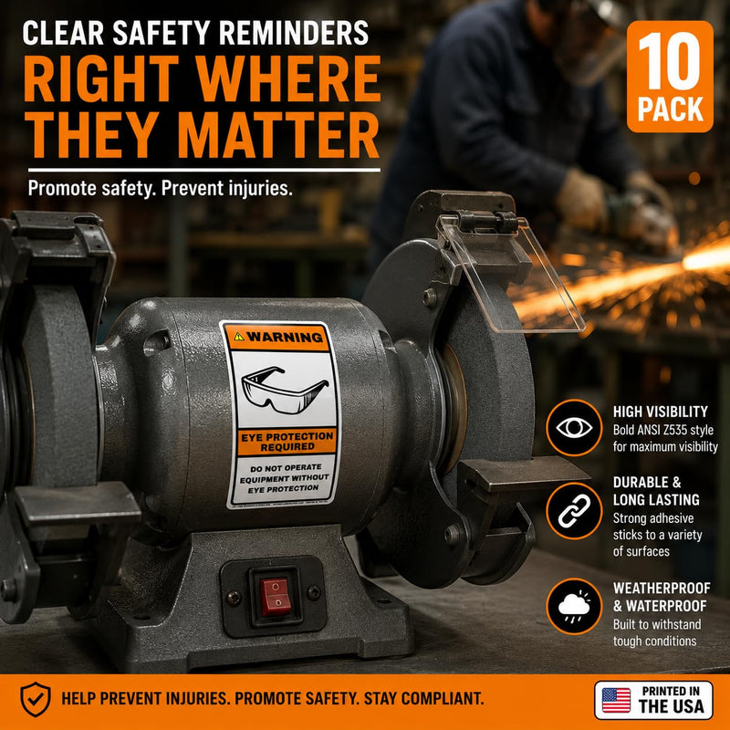 WARNING Eye Protection Required Label – ANSI Z535 Safety Sticker – 3” x 5” Industrial Equipment Decal – Durable Adhesive – OSHA Style – Pack of 10
