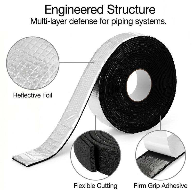 QWORK 65.6ft Pipe Insulation Tape Wrap - 2-Pack 2" x 32.8ft Self-Adhesive Foam with Aluminum Foil, Fireproof Thermal Protector for Outdoor Winter & Summer Pipe Protection