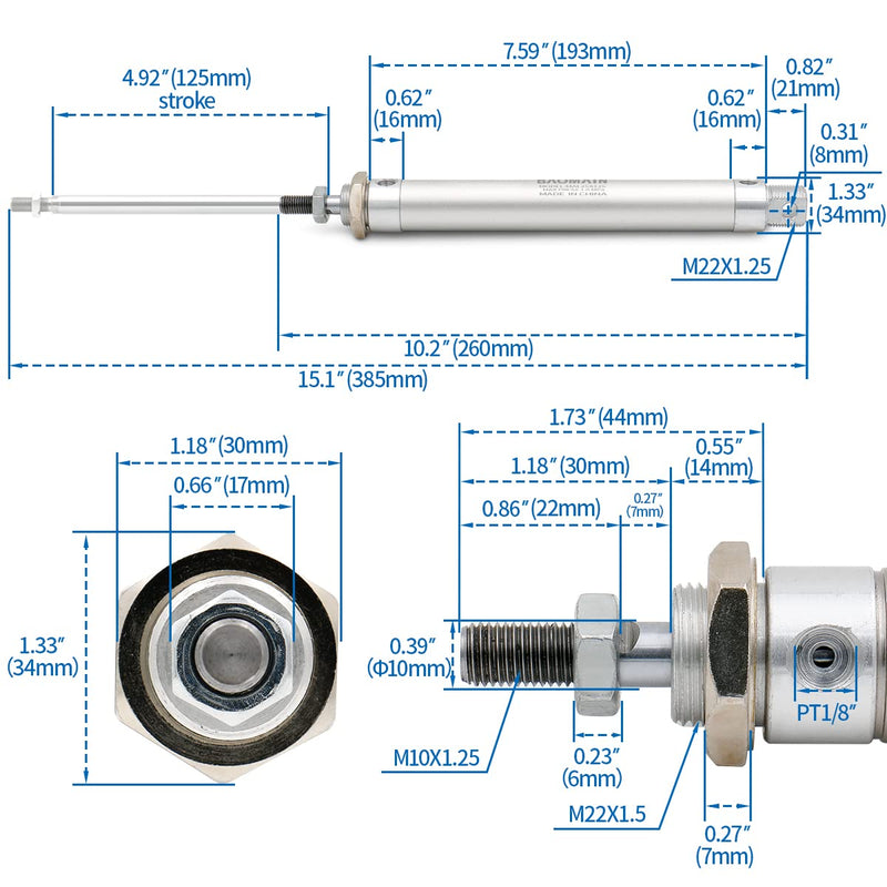 [Australia - AusPower] - Baomain Mini Pneumatic Air Cylinder MAL 25 X 125 Bore 0.98 inch(25 mm),Stroke 4.92 inch(125mm),Single Rod Double Acting Stainless Steel Mini Pneumaticm,Industrial Air Cylinder for Automation 