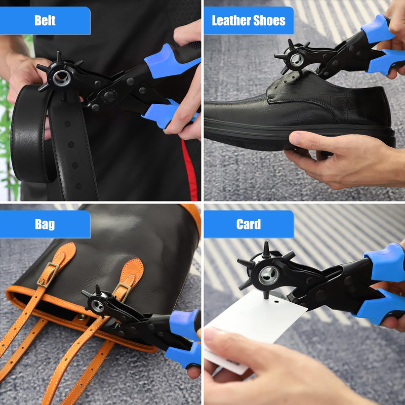 [Australia - AusPower] - Diyife® Professional Leather Hole Puncher, Full Set Punch Tool kits for Belt, Watch Band, Shoe, Crafting, Handbag Straps, Fabric, with Extra Punch Plates and Ruler, Multi Hole Sizes Make - Blue 