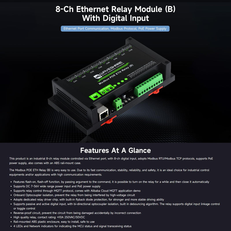Waveshare 8-Ch Ethernet Relay Module (B) with Digital Input, Modbus RTU/Modbus Protocol, PoE Port Communication, with Various Isolation and Protection Circuits, Industrial Grade Rail-Mount Case