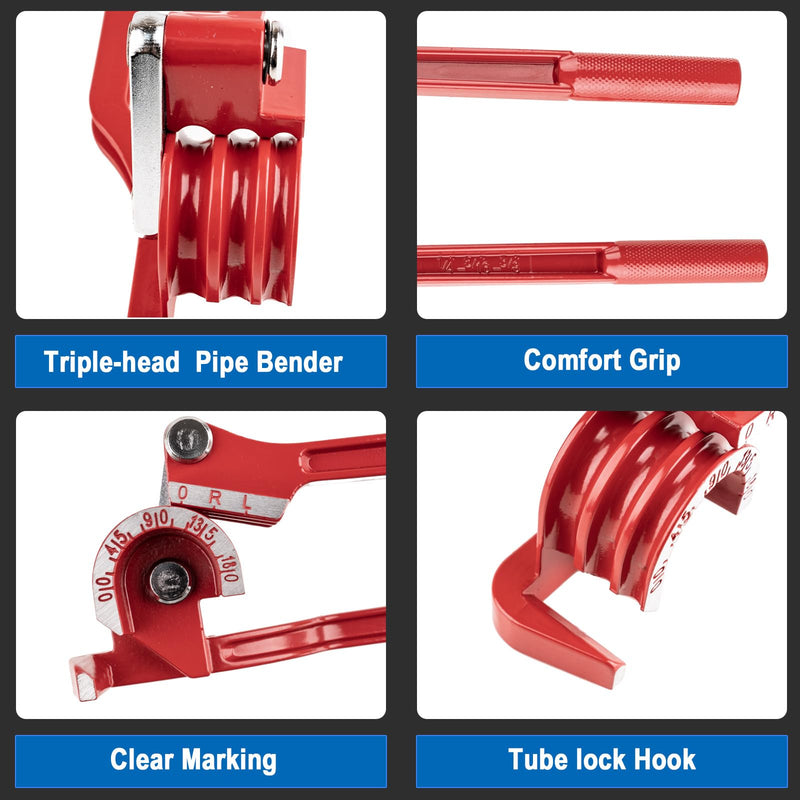 [Australia - AusPower] - 3 In 1 Tubing Bender, 0-180 Degrees Tube Bender Manual Pipe Bender Tool for 1/4 5/16 3/8 Inch Copper Aluminum Brass and Thin Steel Pipes(Red) 