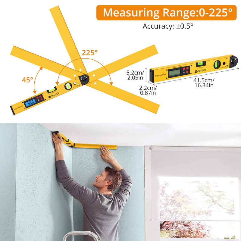 [Australia - AusPower] - Neoteck 225° 16 inch Digital Angle Finder Aluminum Protractor with LCD Backlight Digital Angle Measuring Tool with Horizontal and Vertical Bubble for Woodworking, Construction, Machinery - Golden Gold 