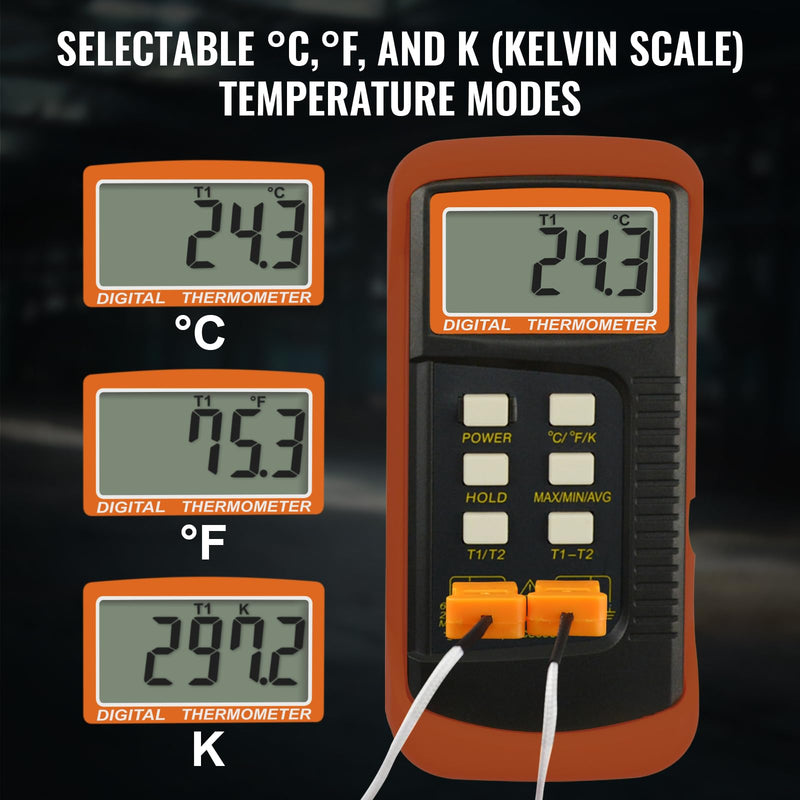 [Australia - AusPower] - Dual Channels Thermocouple Thermometer 4 Thermocouples (Wired & Stainless Steel), Handheld Desktop High Temperature Kelvin Scale Sensor Tester Temperature Range -50~1300°C (-58~2372°F) 