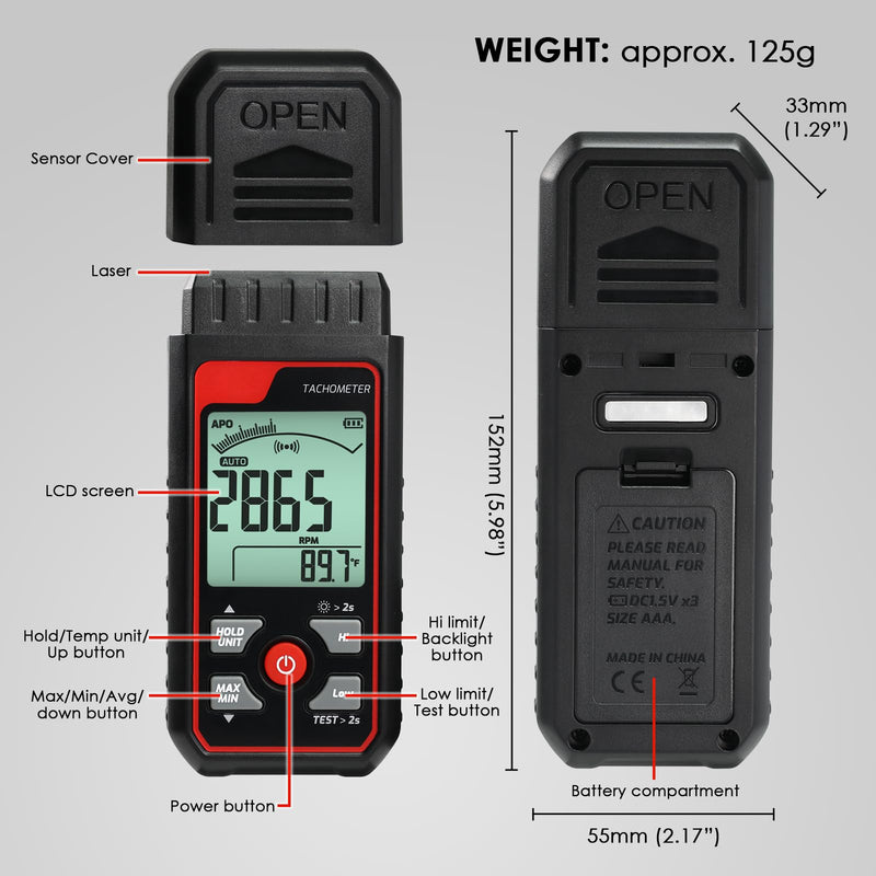 [Australia - AusPower] - Non-Contact Digital Tachometer RPM Meter Speed Gauge Laser Photo Tachometer with 2.5~99999 RPM Range, Backlit Display | Analog Bar Scale | Custom Alarms for HVAC Motor Engine Speed Tester 