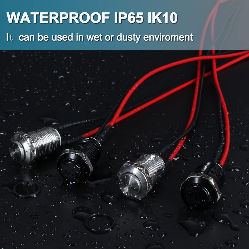 [Australia - AusPower] - 5pcs 12mm Latching Push Button Switch Raised Head ON-OFF Normally Open with Pre-soldered Cable Aluminium Alloy Shell 12V 24V 36V 110V Waterproof IP66 without LED (Black) Black 