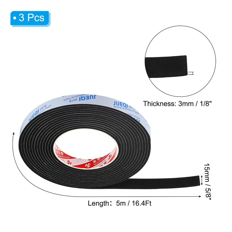 PATIKIL 5/8" W x 1/8" T x 16.4Ft EVA Single Sided Foam Tape, 3Pcs Multipurpose Sealing Strip Foam Waterproof Weather Stripping Foam Sealing Foam Strips with Adhesive for Door, Black 5/8"W x 1/8"T x 16.4Ft