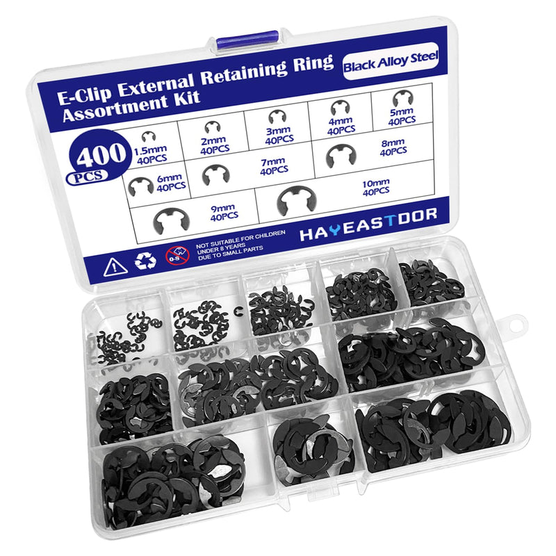 [Australia - AusPower] - 400PCS 10 Size E-Clips Assortment Kit Black Alloy Steel E Clip Circlip External Retaining Ring Washer Includes Sizes 1.5mm-10mm HE002 
