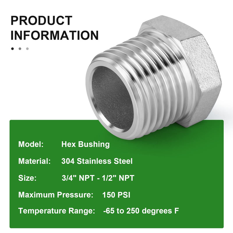 [Australia - AusPower] - TAISHER 5PCS 304 Stainless Steel Reducer Hex Bushing, 3/4" NPT Male x 1/2" NPT Female, Reducing Pipe Adapter Fitting 3/4” MNPT x 1/2“ FNPT 5 