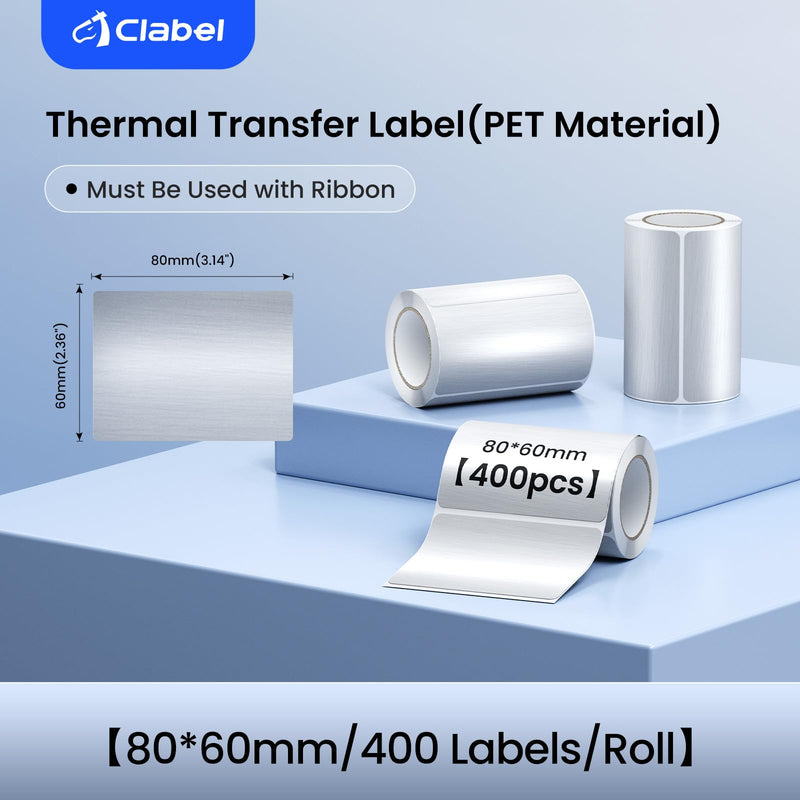 Clabel Thermal Transfer Silver PET Labels 3.15 x 2.36 in (80 x 60 mm) for Barcodes and Asset Labels, 400 Labels per Roll, Industrial Equipment Identification, Compatible with Thermal Transfer Printers 3.15" x 2.36"