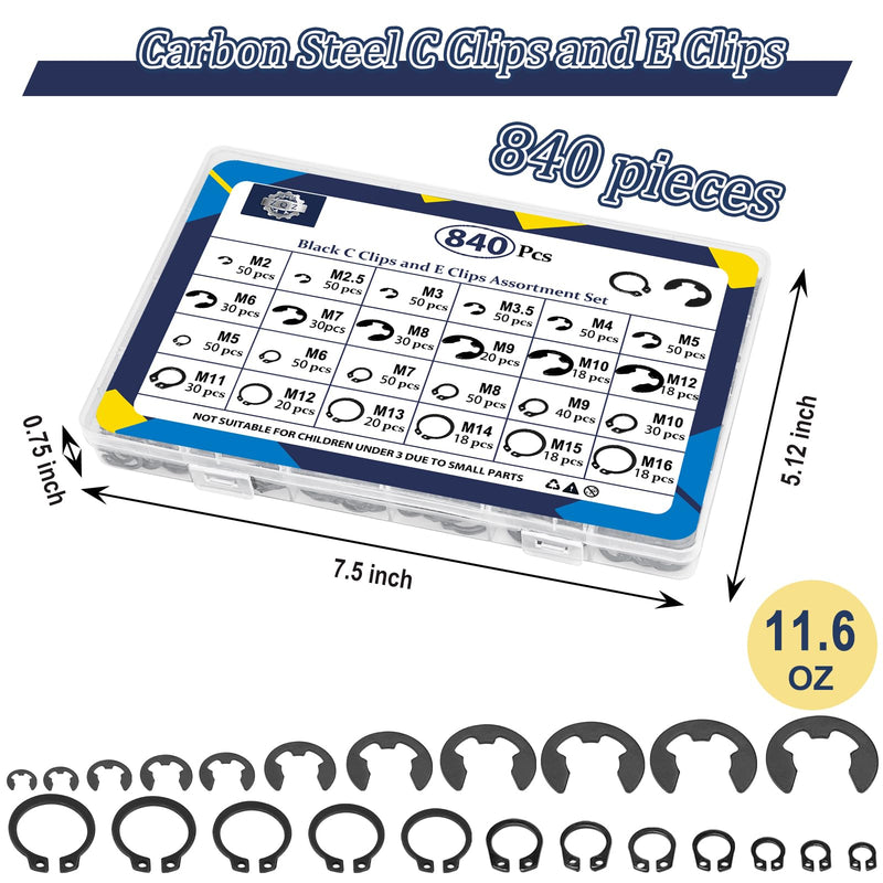 [Australia - AusPower] - ZQZ 840Pcs C Clips Assortment (M5-M16) and E Clips Assortment Set (2.0mm-12mm), External Retaining Rings, 24 Sizes Snap Rings Assortment Kit, Black Carbon Steel Circlip Retaining Clip Black carbon 840pcs e-clips+c-clips 