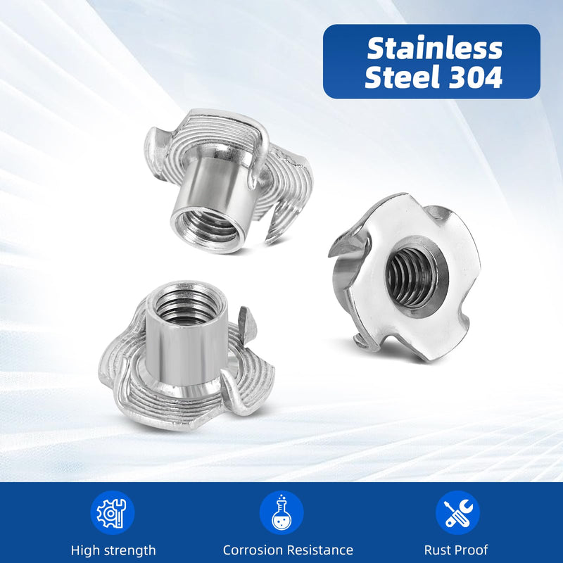 [Australia - AusPower] - 1/4"-20 T-Nuts, 304 Stainless Steel 4 Pronged Tee Nuts, Four-jaw Threaded Inserts for Rock Climbing Holds, Furniture, Cabinetry, Woodworking, Silver, 25 PCS 1/4"-20 