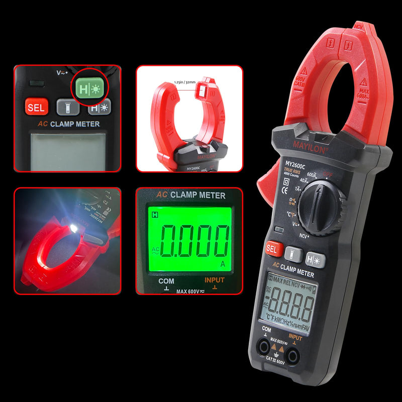 [Australia - AusPower] - MY2600C Clamp Meter AC 600A Amp Meter, 4000 Counts Digital Multimeter Voltage Tester, Measures Temperature, NCV, Voltage and Current Test, Diode, Resistance, Capacitance, Continuity 