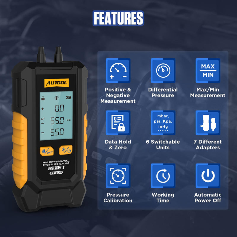 [Australia - AusPower] - AUTOOL Manometer Gas Pressure Tester, Digital Manometer HVAC, 6 Units Differential Dual Port Pressure Gauge -101 to 200Kpa, Data Zeroing with Backlight LCD Display PT503 