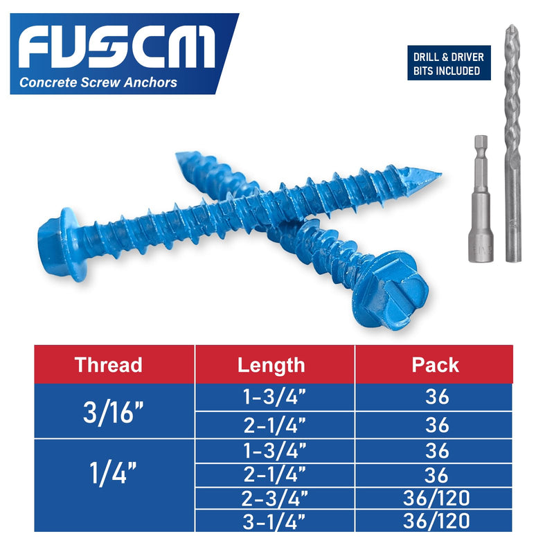 [Australia - AusPower] - 1/4" x 1-3/4" Concrete Screw Anchor,Flanged Slotted Hex Head, Drill & Driver Bits Included, for Concrete, Block & Brick(36pcs/Box) 1/4" 1 3/4 Inches 36 
