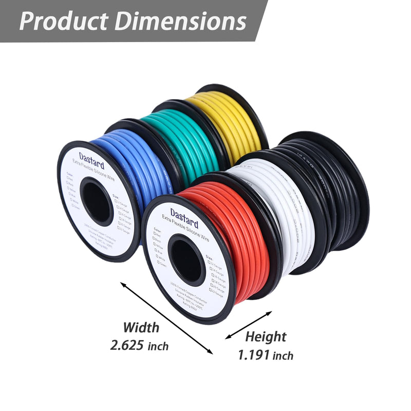 Dastard 12 Gauge Flexible Silicone Wire, 12 AWG Stranded Tinned Copper Wire 60ft【Red+Black+Blue+Yellow+White+Green Each 10ft】 12AWG Automotive Electrical Wire 392℉ 600V 6 Colors