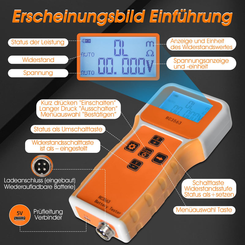 Battery Internal Resistance Tester, Measures Battery Resistance, Voltage Ohm Tester, Suitable for Home and Industry RC3563 1uΩ ~ 200 Ω/1 mV ~ ± 100 VDC (GR-T9-RC3563-B) orange